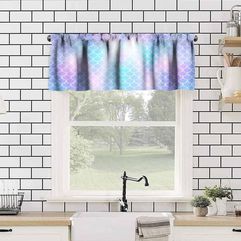 AAVEUP Mermaid Valance Curtain Fantasy Blue Pink Ocean Mermaid Scale Window Treatment Valances Curtains for Kids Girls Room Bedroom Living Room 54x18In - Image 2